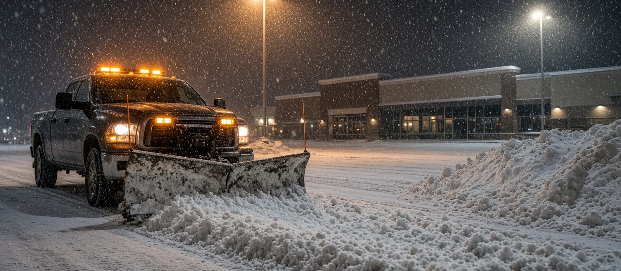 A dark pickup with amber lights and a front plow blade pushing snow across a parking lot at night, with tall pole lights, a storefront building and a snow pile behind it, in Portland, Maine