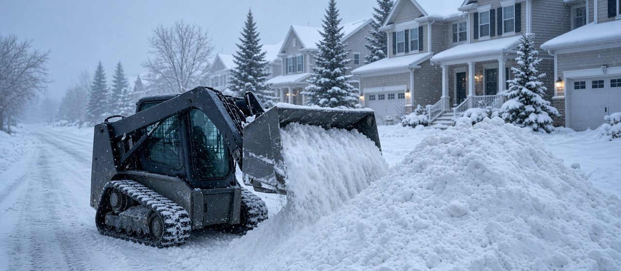 A tracked skid steer pushing snow into a tall pile beside a residential street lined with two-story houses and evergreen trees in falling snow, in Portland, Maine